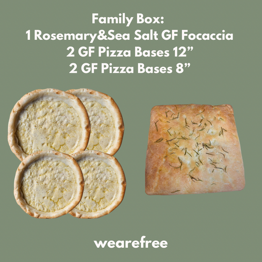 Family Box (GF Focaccia, 2 GF Pizza bases 12”, 2 GF Pizza Bases 8”)